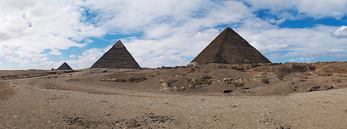 Panorama of Giza Pyramids in Cairo, Egypt. Michael Hoefner.
